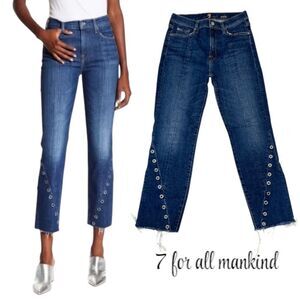 7 For All Mankind Edie Straight Leg Jeans Size 27 Raw Hem Eyelet Detail